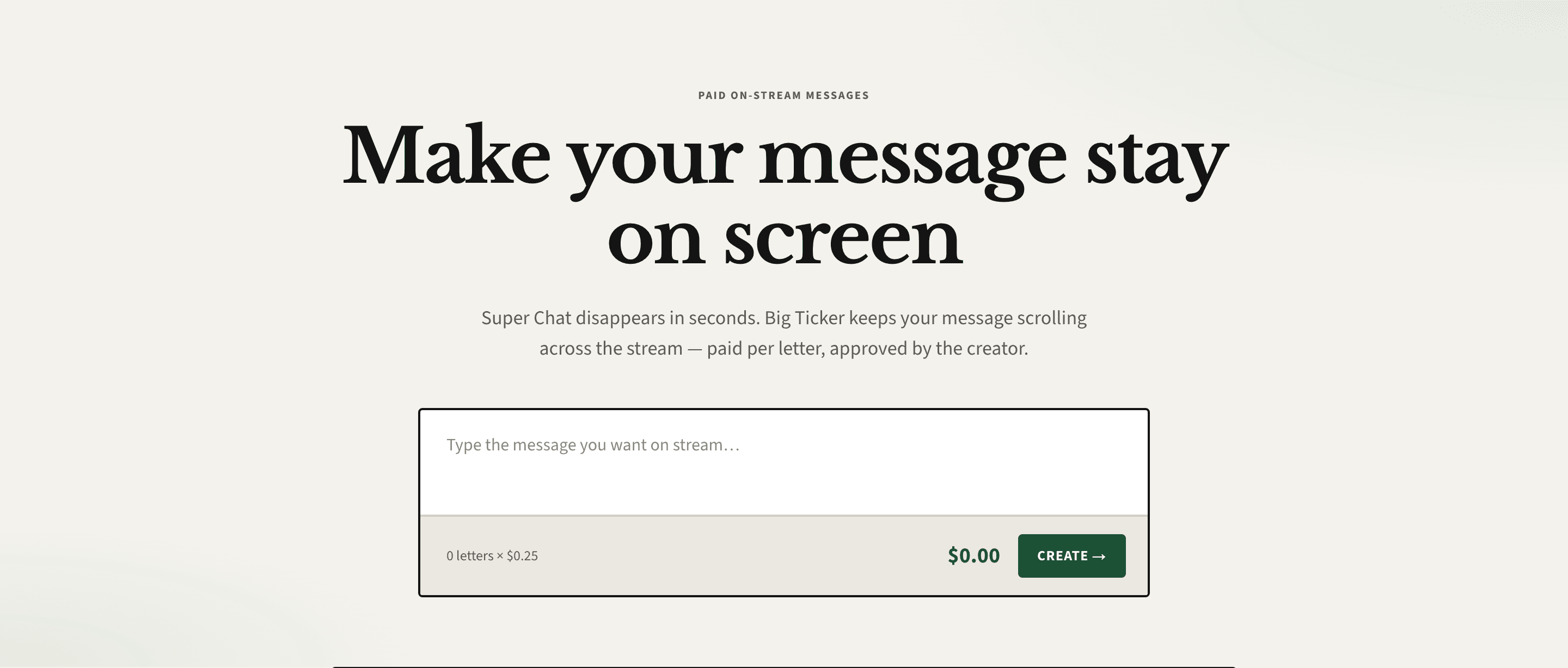 Big Ticker homepage with the live-priced message composer