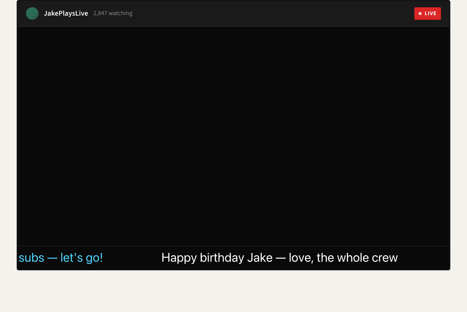 A simulated stream with ticker messages scrolling across the bottom